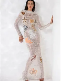 Party Dresses Women Sexy Backless Long Sleeve Starfish O Neck Sequins White Maxi Dress Elegant Designer Evening Celebrity Prom Gown 2024