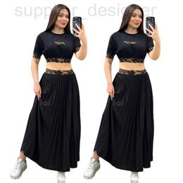Two Piece Dress designer J2839 Women's Fashion Casual Embroidery Short Sleeve Set (Top+pleated skirt) RUJD
