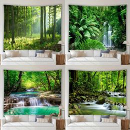 Tapestries Modern Jungle Landscape Tapestry Tropical Rainforest Mountain Forest Waterfall Outdoor Home Garden Wall Hanging Decor Art Mural