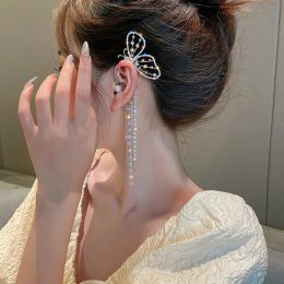 Earrings Wu 2022 New Jewelry Butterfly Fringe Earrings Female Pearl Rhinestone Without Ear Piercing Ear Hanging Ear Bone Clip Earrings