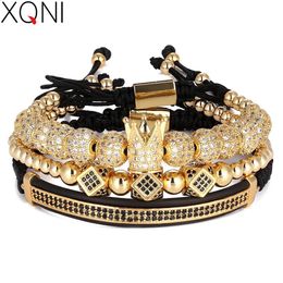 XQNI 3pcsSet Punk CZ Micro Pave Crown Bead Bracelet For Men Women Braided Rope Chain Luxury Fashion Jewelry Gift Resize 1625cm 240423