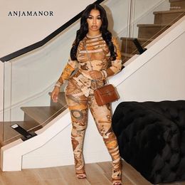 Women's Two Piece Pants ANJAMANOR See Through Mesh Print 2 Set Long Sleeve Top And Sexy Club Outfit Women 2024 Fashion Clothes D85-CZ18