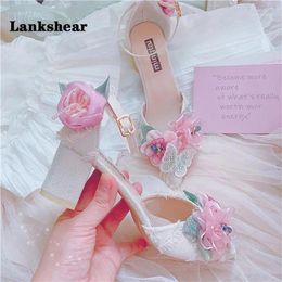 Dress Shoes Pink Three-Dimensional Flower High Heels Handmade Mid-Heel Pointed Toe Elegant Lolita Women Sandals Single