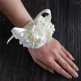 Decorative Flowers Artificial Silk Hydrangea Ivory Pink Light Purple Flower Bride Wrist Corsage Women Hand Wedding Party Decoration