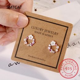 Stud Earrings 925 Sterling Silver Romantic Synthetic Opal Flower Fashion Korean Women Charm Hollow Party Sweet Jewellery