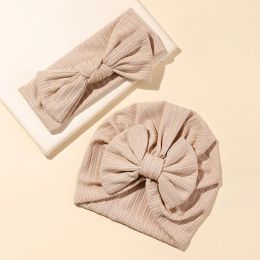 Accessories 2Pcs/Set Baby Fabric Bow Headband and Hat Set Solid Colour Baby Girl Turban Newborn Hair Accessories