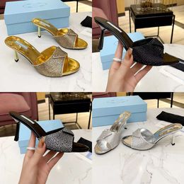 Slippers Fashionable Classic Rhinestone Decorative Designer Shoes Women 7.5CM High Heels Casual One Line Sandals Satin Leather Lining Size 42 Scuff