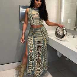 Work Dresses Streetwear Ripped Hole Denim Two Piece Set For Women Y2K Birthday Outfits Sleeveless Crop Top And Side Slit Long Skirt Sets