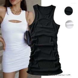 Casual Dresses Fashion Round Neck Pleated Chest-Flattering Cut Out Vest Dress Women's Sneaky Design White One-Piece One-Step Skirt Short For