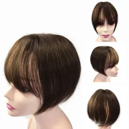 Toppers Dark Brown 8inch Short Human Hair Toppers Natural Straight Clips in Hair Topper for Women with Bangs Fringe Hairpiece Extension