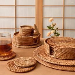 Table Mats 6pcs Handmade Natural Rattan Drink Coasters With Holder Wicker Boho Heat-resistant For Coffee Housewarming Gifts