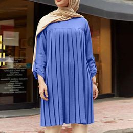 Ethnic Clothing Muslim Pleated Blouse For Girl Women Tops Adjustable Sleeve Blue Green Black Shirt Islamic Wear Summer O-neck Streetwear