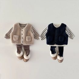 Sets Winter New Baby Fleece Casual Set Infant Cardigan Vest + Striped Tops + Leggings 3pcs Suit Plus Velvet Boys Girls Warm Outfits
