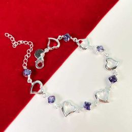 LIZI Beaded High Quality 925 Sterling Silver Bracelet Heart Purple Crystal Zircon Bracelet For Woman Party Engagement Jewelry Gift 240423