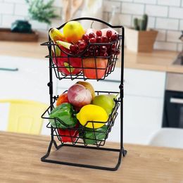 Plates 2 Tier Fruit Basket Metal Carbon Steel Hanging Kitchen Storage On Countertop For Or Bathroom