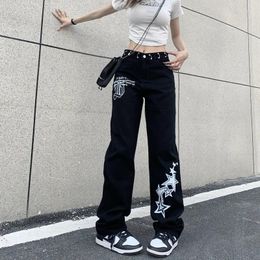 Women's Jeans Punk Style Women Retro Letter Star Printing Cargo Pants Baggy Straight Wide Leg Ground Black Denim Pantalons