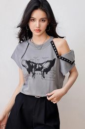 Women's T Shirts Coigarsam Women Shirt Summer 2024 Office Lady Brief Short Sleeve Knitted Loose Letter Print O-Neck Grey Tee Tops