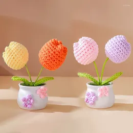 Decorative Flowers DIY Crocheted Mini Potted Flower Handwoven Artificial Tulip Sunflowers Potting Plants Woollen Thread Finished Crafts