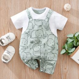 One-Pieces Summer Newborn Boys And Girls Cute Cartoon Strap Elephant Print Cotton Comfortable Short Sleeve Bodysuit