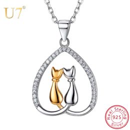 Necklaces U7 925 Sterling Silver Cute Two Cats In Heart Pendant Necklaces CZ Choker Necklace Women Valentine's Day Gift for Her SC226