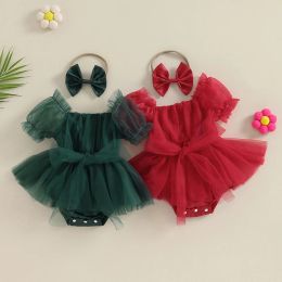 One-Pieces 024M Summer Baby Girl Rompers Newborn Infant Toddler Tulle Bow Jumpsuit And Headband Princess Baby Girl Christmas Outfits