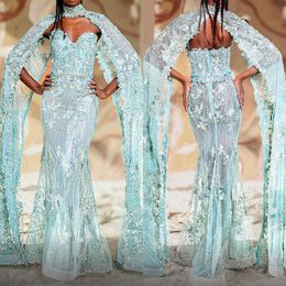 Mermaid Prom Dresses Appliques Lace Beads Tassels Sweetheart Cape Floor Length Zipper Custom Made Plus Size Gorgeous Party Evening Dress Vestido De Noite