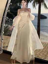 Party Dresses Bridal Temperament Strapless Trailing Long Dress For Wedding Elegant Slim Ribbons Women Evening Gowns Simple Solid