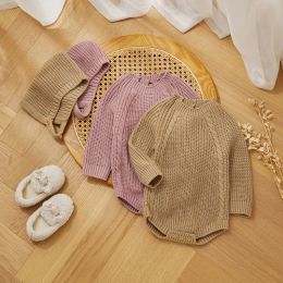 One-Pieces Winter Warm Baby Girls Boys Clothes Knit Romper Sweater Toddler Long Sleeve Solid Knitwear Jumpsuit with Hat for Kid Fall Outfit