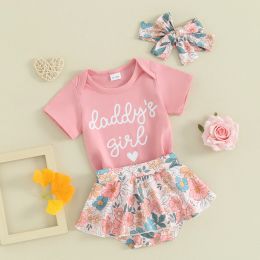 Sets Cute Little Baby Girls Summer Outfits Lovely Newborn Letter Print Short Sleeve Romper Floral Skirt Shorts Headband 3 PCS Clothes