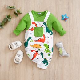 One-Pieces Spring And Autumn Boys And Girls Cute Cartoon Backstraps Dinosaur Printed Cotton Comfortable Long Sleeve Baby Bodysuit