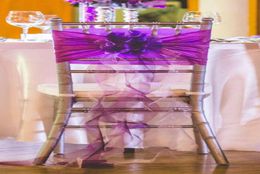 2015 Purple 3D Flowers Ruffle Chiffon Ribbon Bow Crystal Pearls Chair Sash Chair Covers Wedding Decorations Wedding Accessories8953467