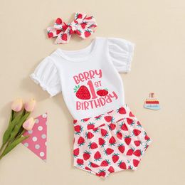 Clothing Sets Baby Girls Birthday Outfits Strawberry Print Short Sleeve Romper And Elastic Shorts Cute Headband 3 Piece Clothes