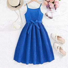 Girl Dresses Fashion Kids Girls Slip Dress Spaghetti Straps Pleated Solid A-Line Summer With Belt 8-12 Years