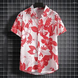 Men's Casual Shirts Summer Men Shirt Floral Print Short Sleeves Tropical Style Hawaii Loose Plus Size Single-breasted Turn-down Collar Quick