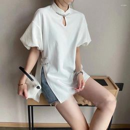 Women's T Shirts Summer Side Slit Women Buttoned Chinese Style Vintage Cheongsam Elegant Irregular Tops 2xl Oversized Clothing White