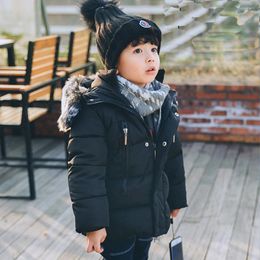 Down Coat Padded Cotton-padded Jacket For Boys And Girls Middle Length Cotton Pure Colour Wool Collared Jack