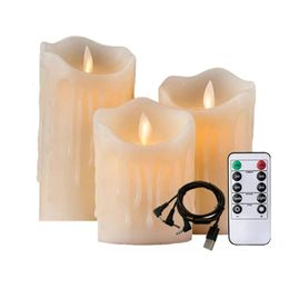 Set of 3 USB Rechargeable Flickering Dripped Paraffin Wax Pillar Candle lamp Remote control w/timer Dancing wick Home Decoration 240417