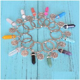 Key Rings 12 Zodiac Sign Constellations Crystal Pendums Keychain Natural Stone Hexagonal Prism Fashion Chain Jewellery Keyring For Drop Dhubw