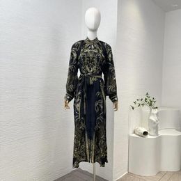 Casual Dresses 2024 Black Floral Printing Diamonds Pressed Long Sleeve Silk Lace-up Women Vintage Midi Dress HIgh Quality