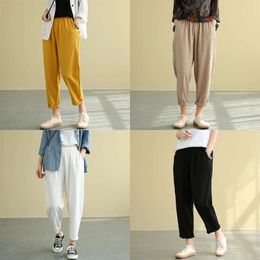 Arts Summer Style Women Elastic Waist Ankle-length Loose Pants All-matched Casual Cotton Linen Harem Plus Size M71 210512