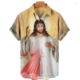 Men's Casual Shirts 3D Print God Jesus Mary Hawaiian For Men Short Sleeve Oversived Tee Shirt Top Clothes Button Up Blouses