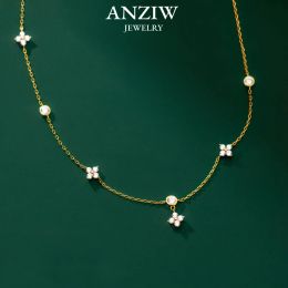 Necklaces ANZIW Fashion Cute Fourleaf Clover Moissanite Pendant Necklace 925 Sterling Silver Choker For Woman Lucky Charm Jewelry Gifts