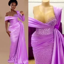 2024 Classic Aso Ebi Prom Dresses for Black Women Purple Promdress for Special Occasions Illusion Pearls Sequined Lace Birthday Dress Second Reception Gowns AM769