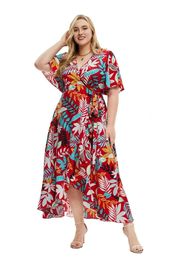 V-Neck Ladies Plus Size Dresses Fashion Women Short Sleeve Printed Bohemian Dress Casual Streetwear Elegant Spring Summer 240417