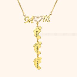Necklaces Stainless Mom Feet Engrave Name Pendant Customised NamePlate Necklace Letter Personalised Jewellery Birthdate/Pattern Box chain