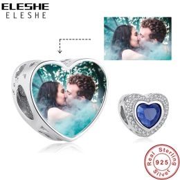 Strands ELESHE S925 Sterling Silver Blue Crystal Heart Beads Custom Photo Charm Fit Original Bracelet Fashion Jewellery Making Women Gift