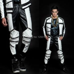 Pants New Male Fashion Costume Black And White Colour Block Mz General Version Of Zipper Leather Pants Dancewear Men's Trousers