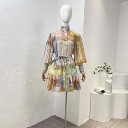 Casual Dresses Collection Top Quality Paisley Multi-color Lantern Sleeve Frill Lace-up Mini Dress For Women