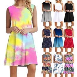 Womens Summer Sleeveless Pullover Plain Printed Round Neck Top Dress