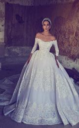 Luxury Said Mhamad Plus Size Lace Ball Gown Wedding Dress Bridal Gowns Off Shoulder Beaded Sequined 12 Sleeves Court Train Formal2952772